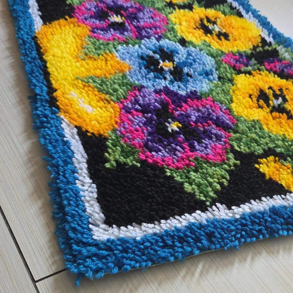 Completed Caron Wonderart Pot of Pansies Rug